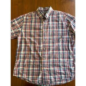 Eddie Bauer Men's Large Short-Sleeve Red Blue White Plaid Button-Down Shirt